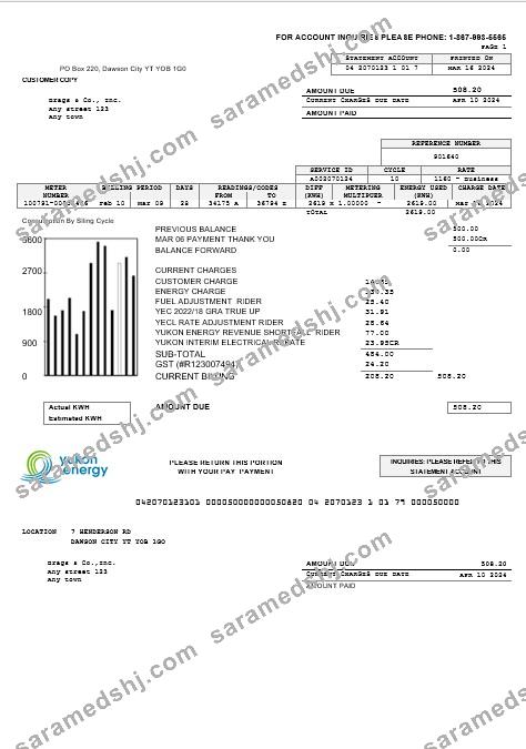 Canada Yukon Energy business utility bill template in Word and PDF formats
